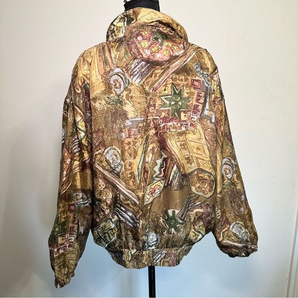 OutBrook Vintage Brown Silk Bomber Jacket with Abstract Design - Picture 3 of 8